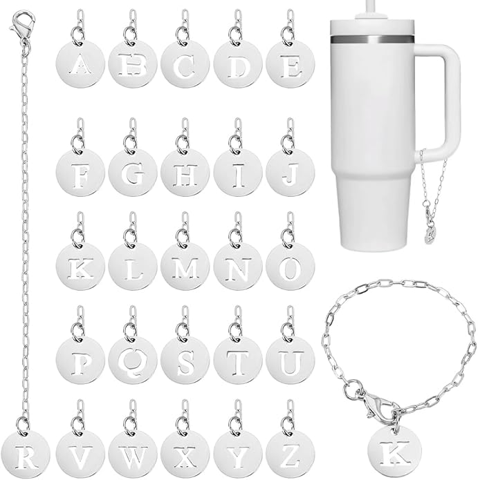 AHANDMAKER 26 PCS Letter Charm For Cups Water Bottle Charms Accessories Name ID Initial Letter Handle Personalized Charm for Stanley Tumbler Cup