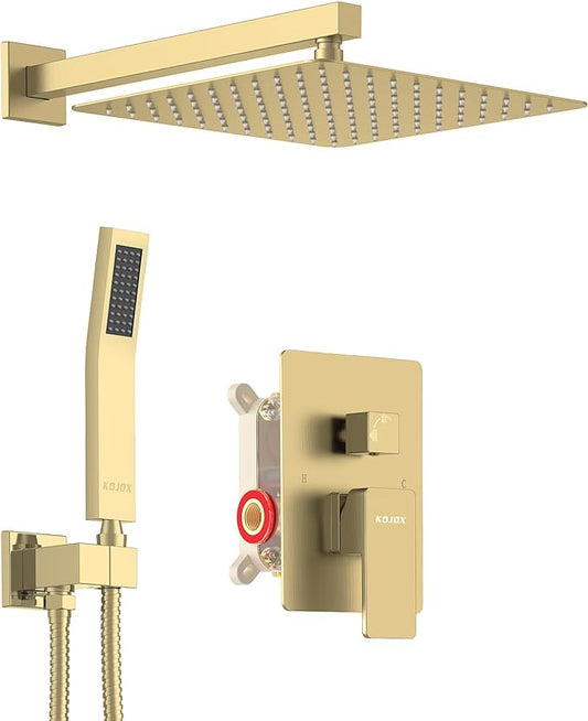 KOJOX Shower System Bathroom Luxury 10 Inch Rain Shower Head with Handheld Mixer Shower Combo Set Wall Mounted Shower Faucet Trim with Valve Brush Gold