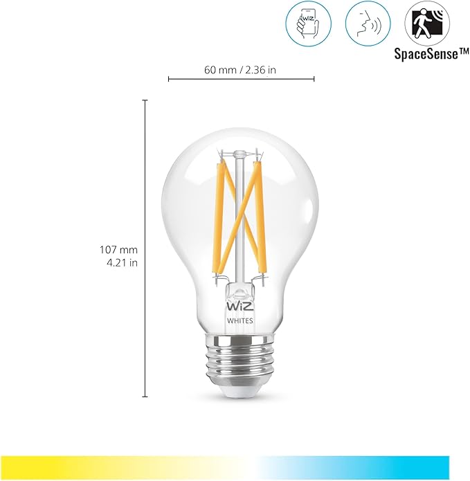 WiZ Clear 60W A19 Tunable White Filament LED Smart Bulb - Pack of 4 - E26- Indoor - Connects to Your Existing Wi-Fi - Control with Voice or App + Activate with Motion - Matter Compatible