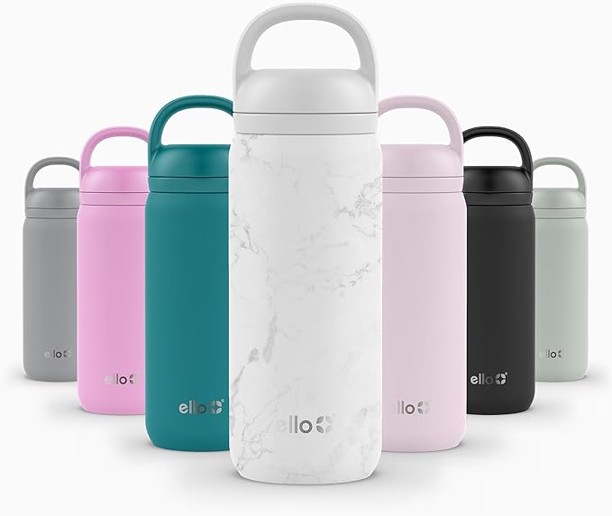 Ello Cooper Twist 18oz Kids Stainless Steel Water Bottle with Chug Lid | Leak Proof Double Walled and Vacuum Insulated | Fits Car Cupholder | Built in Carry Loop | Dishwasher Safe | White Marble