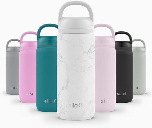 Ello Cooper Twist 18oz Kids Stainless Steel Water Bottle with Chug Lid | Leak Proof Double Walled and Vacuum Insulated | Fits Car Cupholder | Built in Carry Loop | Dishwasher Safe | White Marble