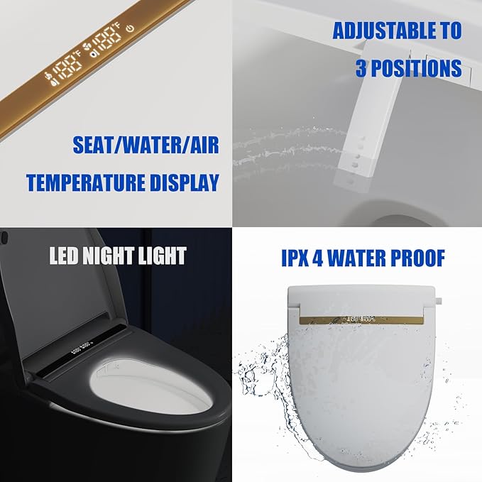 EPPLER Electric Bidet Toilet Seat with Warm Water, Heated Bidet Attachment for Toilet with Dryer, Self Cleaning Elongated Bidet with Remote Control, Gold Temp. Display