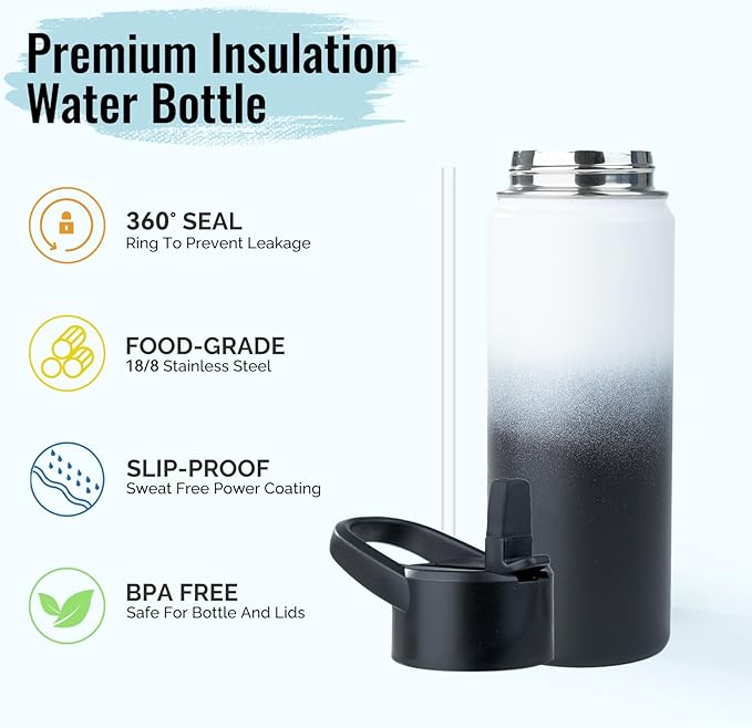 Stainless Steel Water bottle with Straw & Wide Mouth Lid, Wide Rotating Handle, 18oz Double Wall Vacuum Insulated Water Bottle Leak Proof, BPA Free, Keep Cold&Hot, 18oz, White Gradient