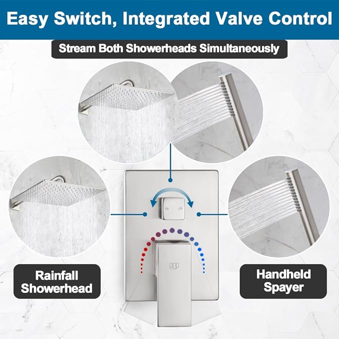 POP SANITARYWARE Shower Faucet Set Brushed Nickel Rainfall 12 Inch Shower Head and Handle Set Bathroom Rain Shower System Wall Mounted Shower Fixture Include Shower Valve and Trim Kit