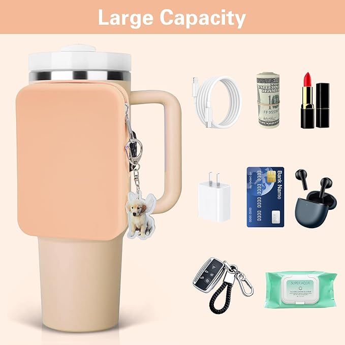 Water Bottle Pouch for Stanley Tumbler,Silicone Waterproof Fanny Pack for Stanley Cup 30/40oz Universal,Large Capacity Durable Tumbler Pouch-Pink