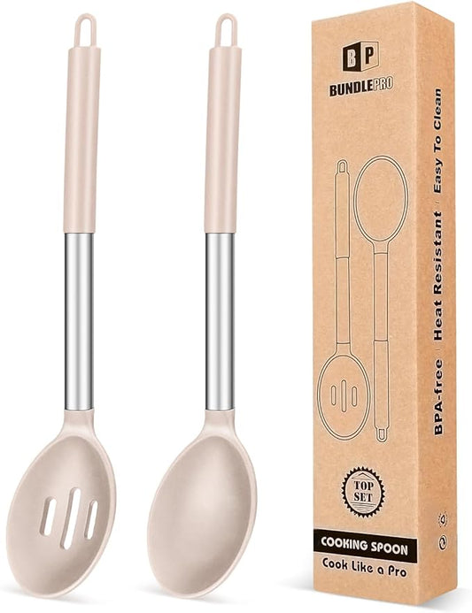 Pack of 2 Large Silicone Cooking Spoons,Non Stick Solid Basting Spoon,Heat-Resistant Kitchen Utensils for Mixing,Serving,Draining,Stirring (STAINLESS STEEL KHAKI)
