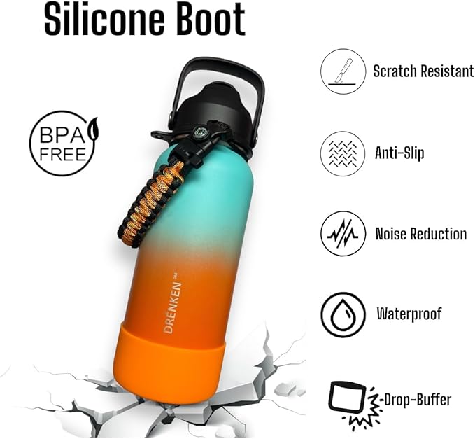 Water Bottle, Insulated water bottle, Stainless steel water bottle for kids men women Sports water bottle 32 oz Water bottle with straw Insulated Flask (Gradient Mint/Orange)