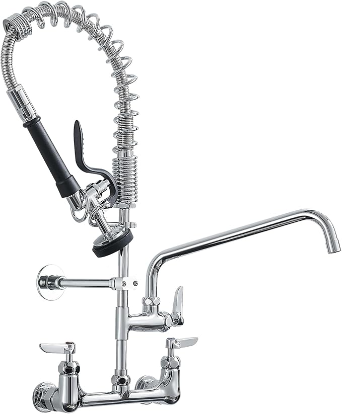Fapully Commercial Kitchen Faucet,Wall Mount Kitchen Sink Faucet with Pre-Rinse Pull Down Sprayer,25‘’ Height 8'' Center 3 Compartment Sink Faucets with 12.2'' Swing Spout Chrome