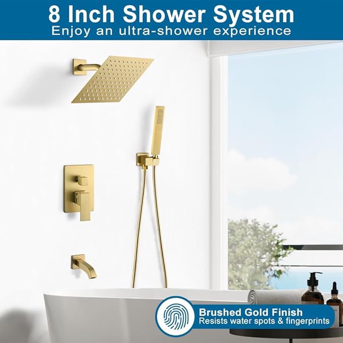 POP SANITARYWARE Brushed Gold Shower System Bathroom Shower Faucet Set with Tub Spout Wall Mounted 8 Inch Shower Head and Handle Set with Handheld 3 Function Tub and Shower Trim Kit with Valve