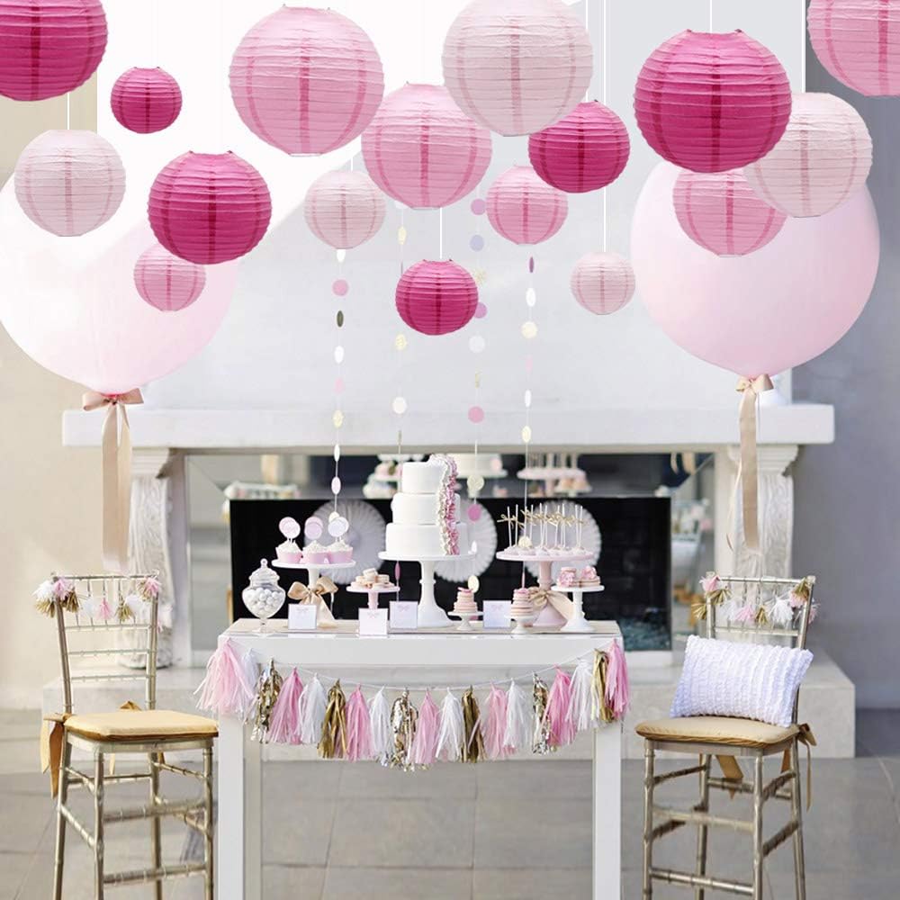 Round Chinese Paper Lanterns Decorative 15pcs Wedding Birthday Party Valentine's Day Baby Showers Decoration (Pink)