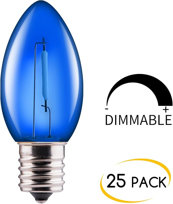 Brightown 25 Pack C9 LED Christmas Light Bulbs, Blue Plastic C9 Shatterproof LED Bulbs Replacement for Christmas String Lights, E17 Intermediate Base, Commercial Dimmable Holiday Bulbs