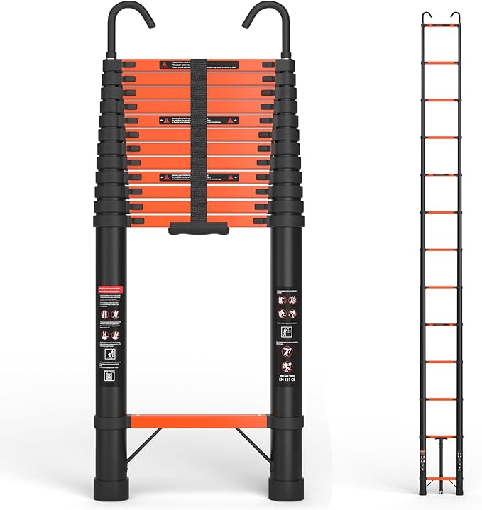 16.5 FT Telescoping Ladder with Hooks, Aluminum Extension Ladder, 330 lbs Load Capacity, Multi-Purpose Collapsible Ladder for Home and Work; Orange