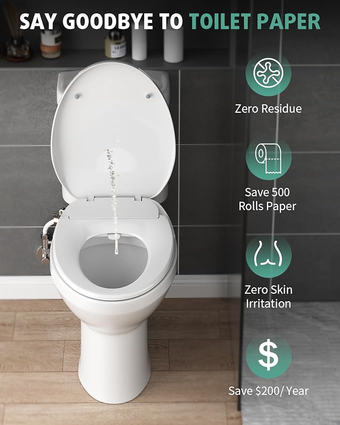 SR SUN RISE Non-Electric Bidet Toilet Seat with Dual Nozzles for Feminine & Rear Wash, Adjustable Pressure, Ambient Water Temperature, Self-Cleaning Nozzles, Easy Installation for Elongated Toilets