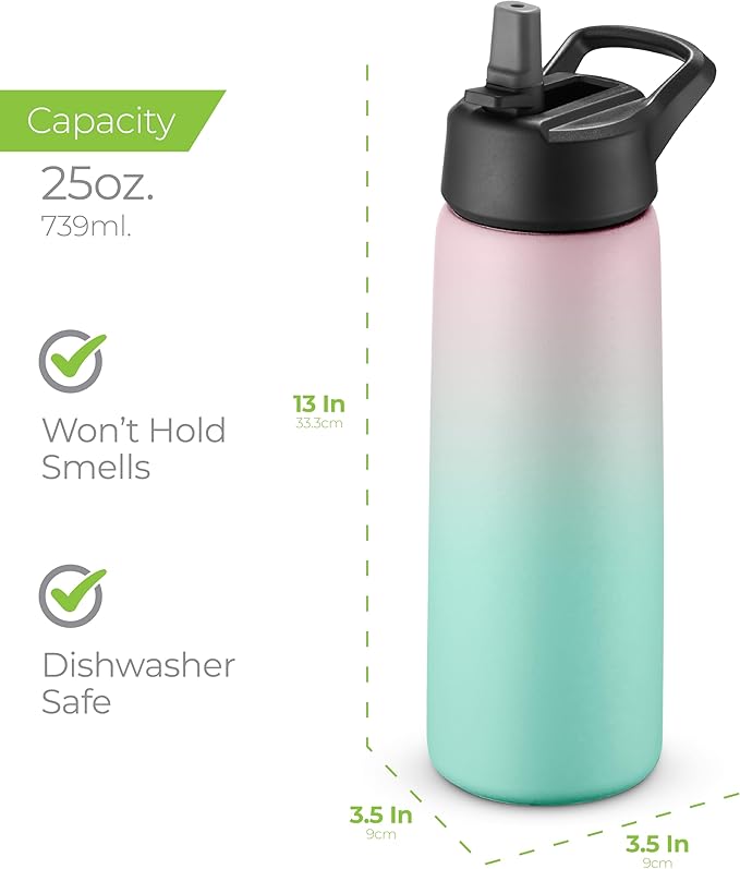 SipX™ Triple-Insulated Stainless Steel Water Bottle 25oz. With 3 Lids, BPA-Free Reusable Insulated Water Bottle Keeps Cold 24 Hours, Metal Water Bottle Made Of Sustainable Material For Hiking & Biking
