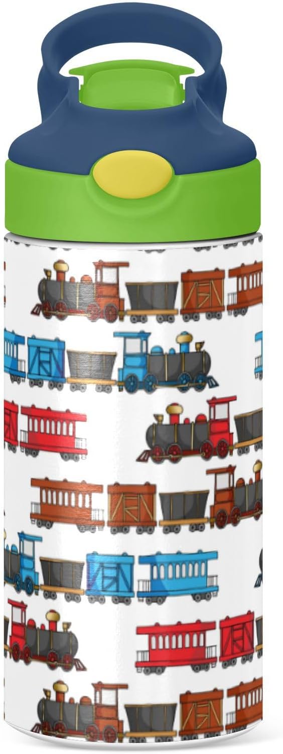 Colorful Truck Trains Railroad Kids Water Bottle with Straw Insulated Stainless Steel BPA-Free Sport Bottles for Boys Girls Toddlers 12 oz Green Lid