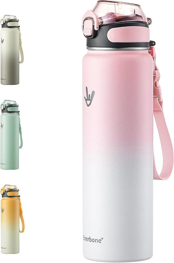 Enerbone Insulated Water Bottle, 32 oz Stainless Steel Water Bottles with Carrying Strap, Double-Wall Vacuum Insulation Thermos, Leakproof Sports Bottle with Straw, Keep Drinks Hot or Cold for Hours