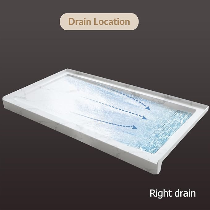 MORVANO 60 x 32 Shower Base with Single Threshold Rectangular Right Drain Location Shower Base,Shower Pan With Stainess Steel Cover,Marble White Acrylic Shower Base