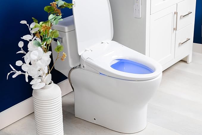 ALPHA BIDET iX Pure Bidet Toilet Seat in Round White | Ultra Low Profile | Endless Warm Water | Arced Stainless Steel Nozzle | Blue LED Nightlight | Dryer…