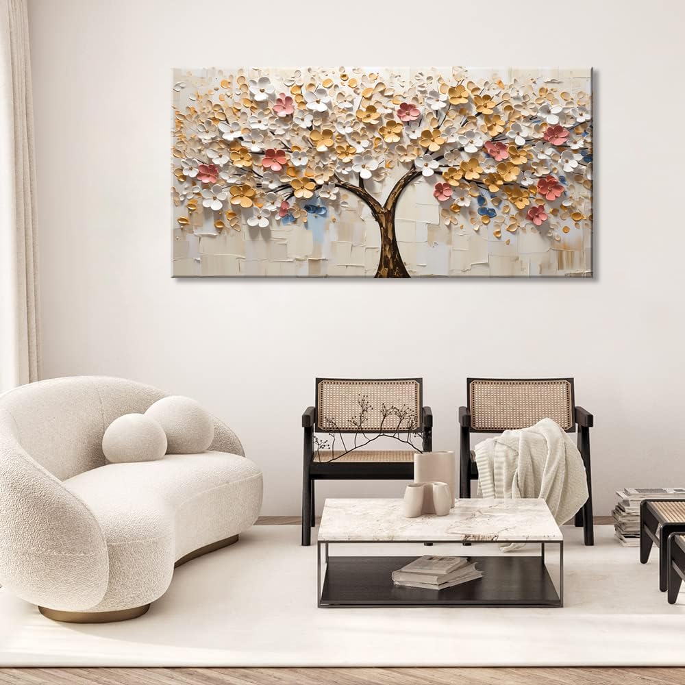LASMOND White Spring Tree of Life Wall Art Office Decor Living Room Modern Painting Prints Pictures Abstract Floral Flower Nature Canvas Large Landscape Artwork (20x40 Inches)