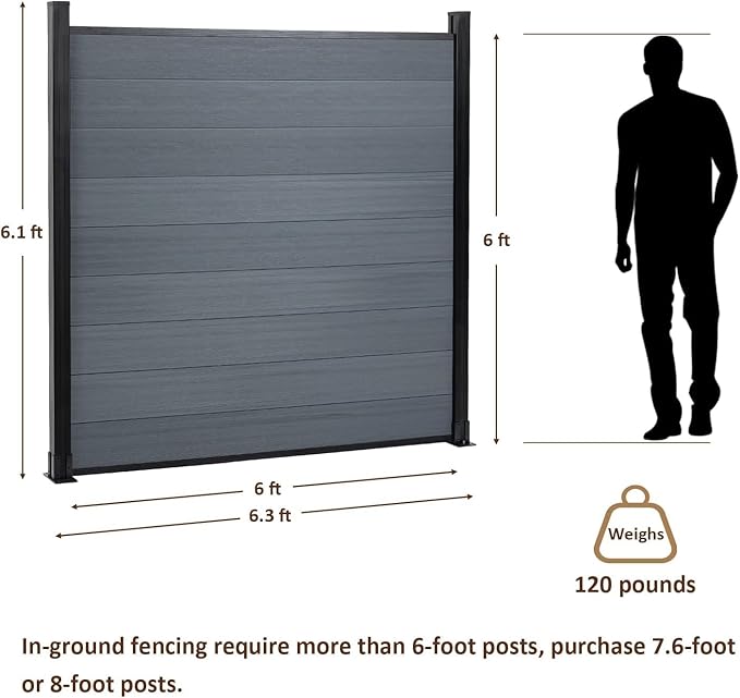 6x6 FT Wood Composite Privacy Fence Panel,Outdoor AC Unit Cover, Pool Equipment Screen, Trash Can Barrier | Weatherproof, Easy Installation, Durable Composite Fencing (Gray with 1 Post)