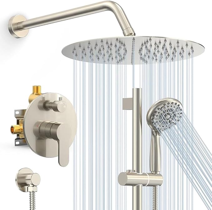 SR SUN RISE 12 Inch Rain Shower System, High Pressure Shower Heads and Handheld 6-Spray Combo Set Slide Bar Shower Faucets Sets Complete Included Valve and Trim Kit for Bathroom, Brushed Nickel