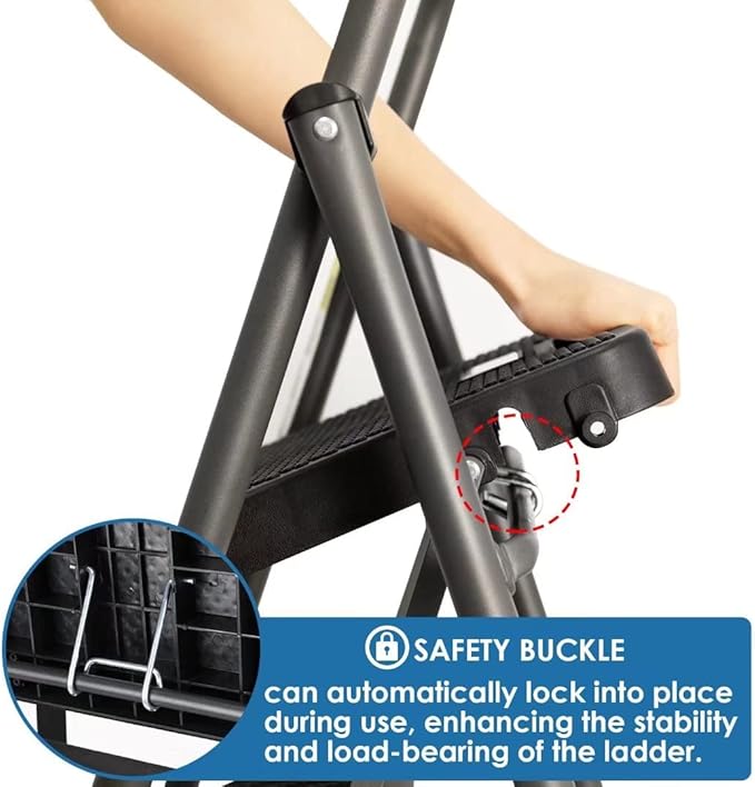 4 Step Ladder, GOLYTON Lightweight Folding 4 Step Stool with Tool Platform, Wide Anti-Slip Pedal and Convenient Handgrip, Sturdy Steel Ladder Hold Up to 350 lbs, Gray