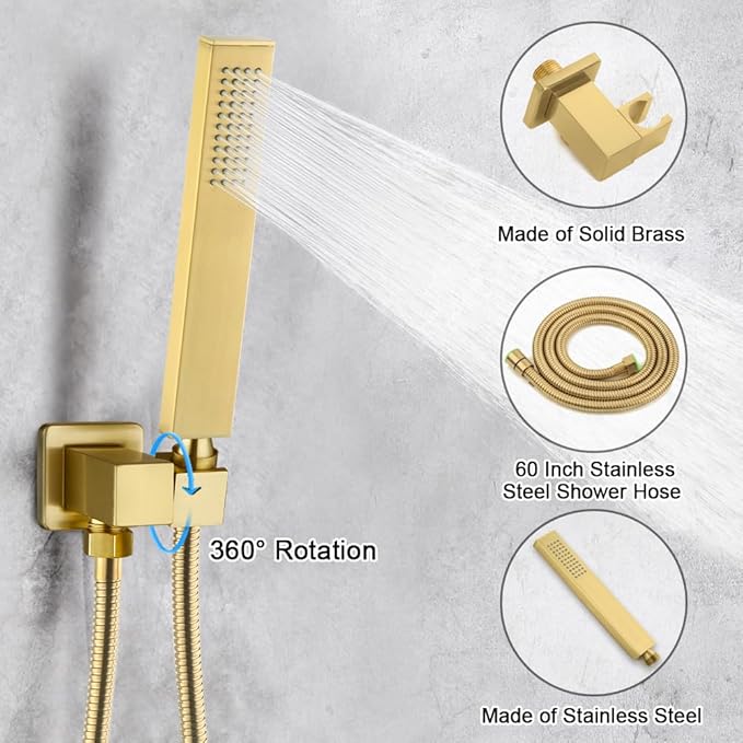 POP SANITARYWARE Brushed Gold Shower System Bathroom Shower Faucet Set with Tub Spout Wall Mounted 8 Inch Shower Head and Handle Set with Handheld 3 Function Tub and Shower Trim Kit with Valve