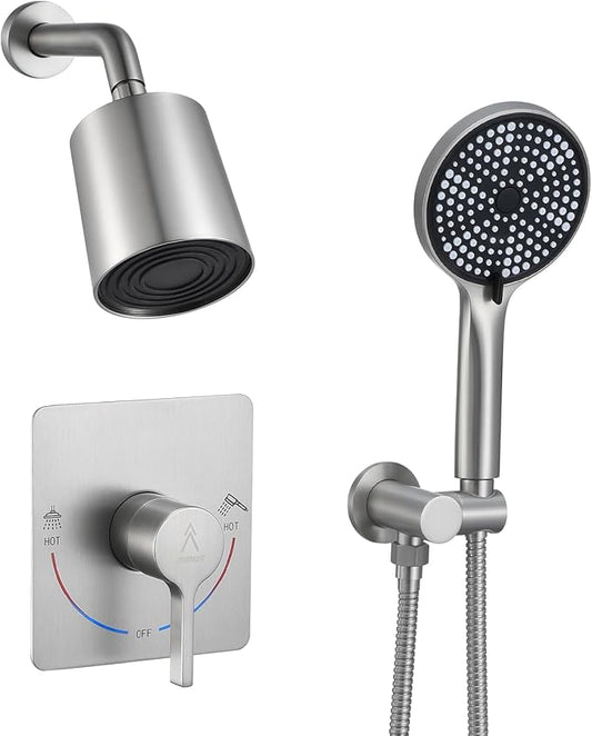 Shower Faucet Set Rain Shower System Valve Kit with Head -3 Setting Handheld High-Pressure Shower Fixtures Valve Included (Brushed Nickel)