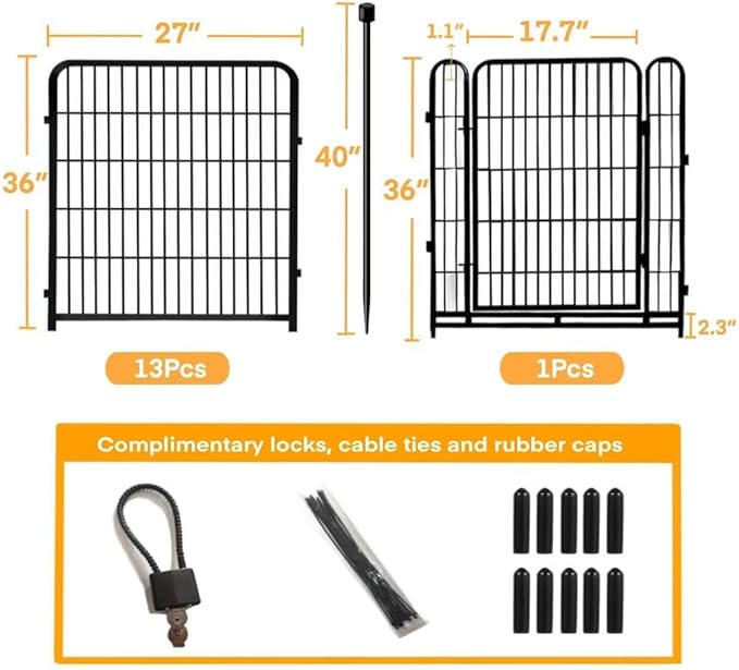 Garden Fence with Gate 36 in(H)×27 in(L) 14 Panels Total 31 Ft(L), Garden Fences and Borders for Dogs, Animal Barrier Fence, Black Metal Decorative Garden Fencing