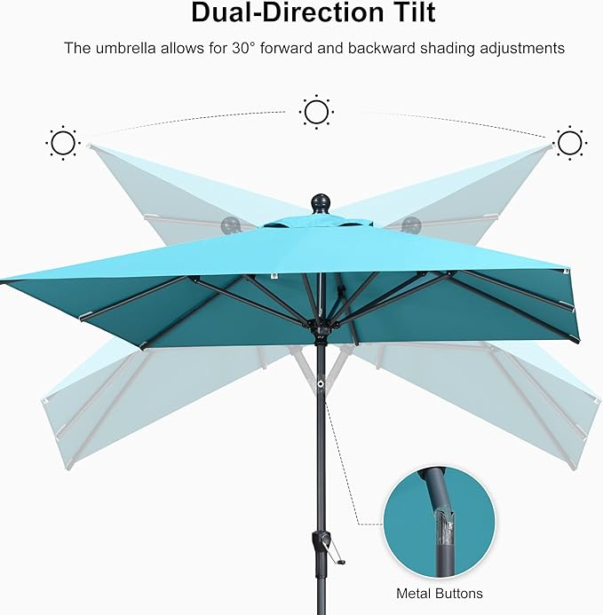 PURPLE LEAF 6' x 6' Square Patio Umbrella Outdoor Table Umbrella Aluminum Frame Market Umbrella Sun Umbrella with 8 Sturdy Ribs Tilt for Garden Deck Lawn Pool Turquoise Blue