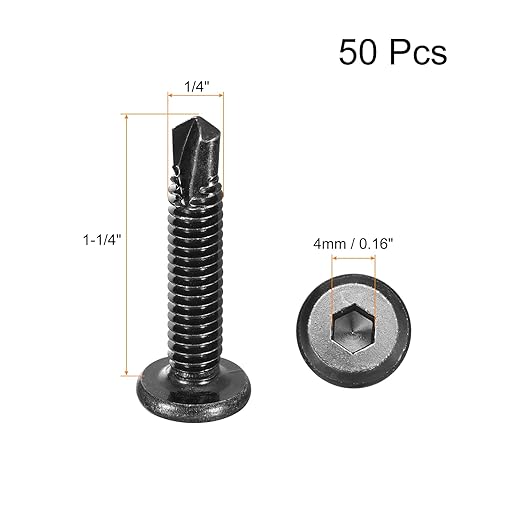 uxcell Hex Socket Self Tapping Screws, 1/4 x 1-1/4" 410 Stainless Steel Sheet Metal Flat Head Drilling Screw 50pcs, Black