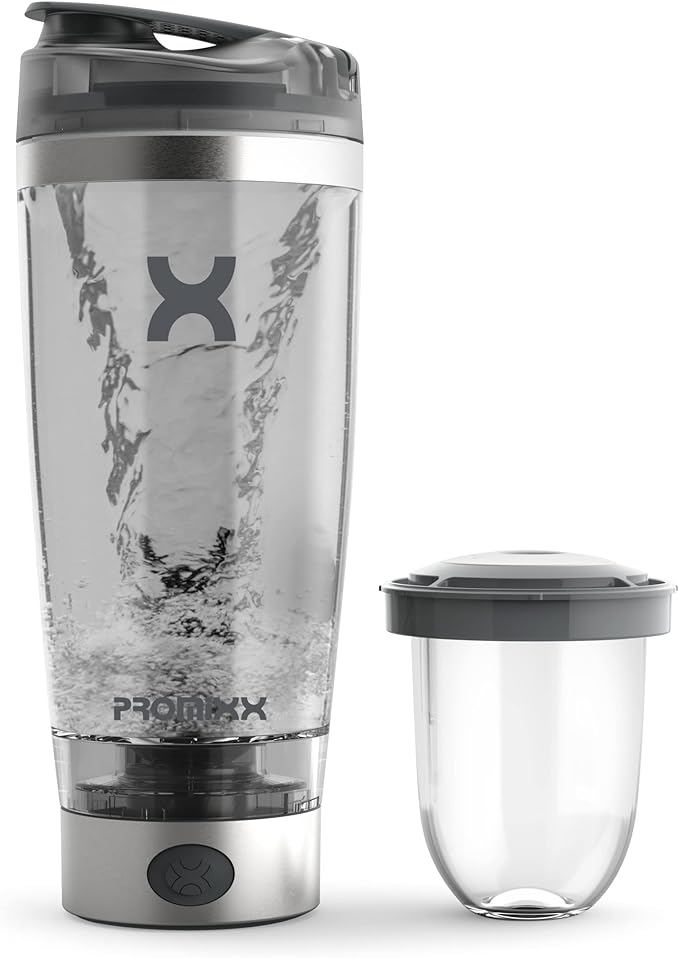 Promixx Pro Shaker Bottle | Rechargeable, Powerful for Smooth Protein Shakes | includes Supplement Storage - BPA Free | 20oz Cup (Silver White/Gray)