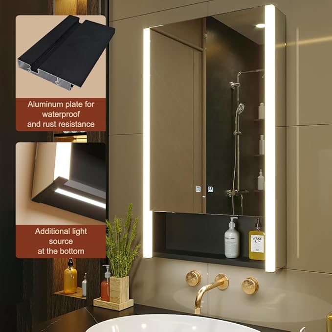 KWW LED Lighted Bathroom Medicine Cabinet with Sockets & USBs, Defogger, Dimmable, 3 Color Light Makeup Mirror, Easy to Install, Wall Mounted Cabinet (21 * 34)