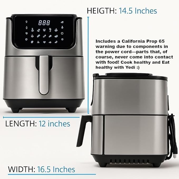 Yedi Evolution Air Fryer, 6.8 Quart, Stainless Steel, Ceramic Cooking Basket, with Deluxe Accessory Kit and Recipe Book