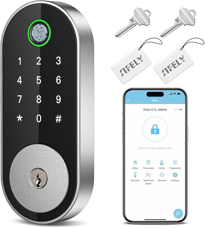 Keyless Entry Fingerprint Deadbolt Smart Lock: Sifely Digital Front Door Keypad with App Control, Electronic/Electric Deadbolt with Fingerprint & Code Access, Auto Locking, Easy to Install (Silver)