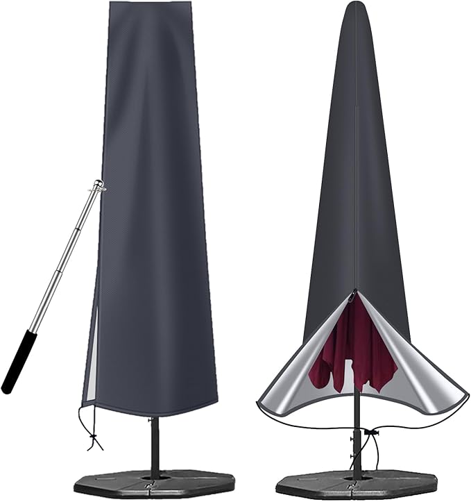 OKPOW Patio Umbrella Cover for 9ft to 12ft Outdoor Umbrellas - 420D Waterproof Garden Market Umbrella Cover Outside Parasol Covers with Zipper for Deck Pool Beach Umbrellas, Dark Grey