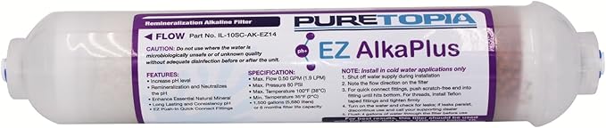 PureT IL-10SC-AK-EZ14, Remineralization Alkaline Water Filter - 2" X 10" Alka Plus Water Filter for RO Systems - Raises PH and adds Vital Minerals, Easy 1/4" EZ Connect System
