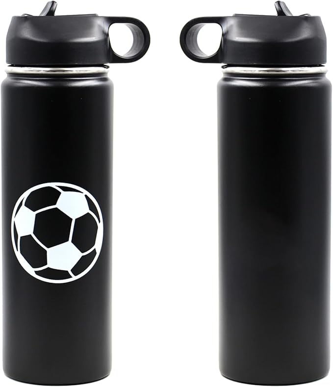 22 oz Soccer Water Bottle, Wide Mouth Travel Sports Flask with 2 Lids（Straw Lid+Flex Cap）BPA Free 18/8 Stainless Steel Double Wall Vacuum Insulated Water Bottles (22oz, Soccer)