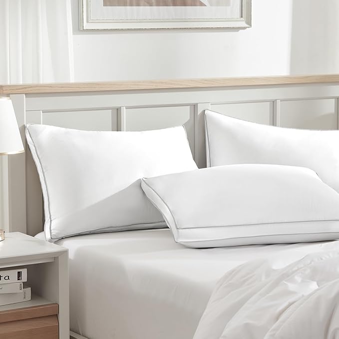 Globon Luxury Feather Down Pillow, Low Soft Fluffy Pillow Standard Queen Size, Gusseted Bed Pillows for Sleeping, Hotel Collection Pillows 18"X26", Set of 2