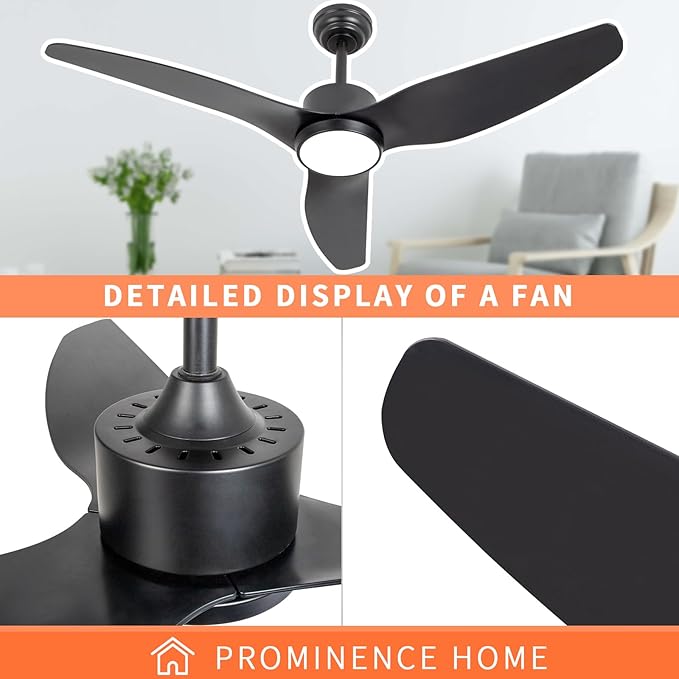 Black Ceiling Fan with Light Remote 52in 6Speed Silent Reversible Motor 3CCT Dimmable LED Adjustable Height Timer Memory Function Modern ABS Blades Vacation Mode flush Mount Indoor Outdoor Use
