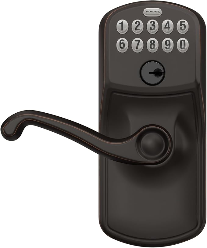 SCHLAGE FE595 PLY 716 FLA Plymouth Keypad Entry with Flex-Lock and Flair Style Levers, Aged Bronze