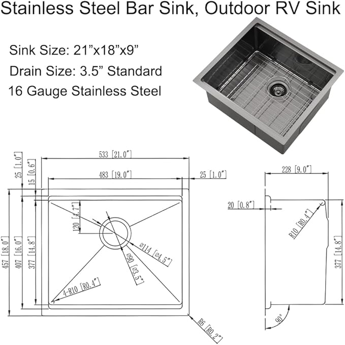 21 x 18 Inch Black Undermount Bar Sink Workstation Wet Bar Prep Kitchen 16 Gauge Single Bowl Small Kitchen Sink