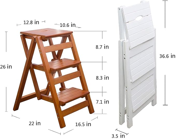 KINGBO Step Stool for Adults/Step Ladder/Counter Chair, 3-Step Folding Portable Wooden Step Stool, Anti-Slip & Lightweight (Nut - Brown)