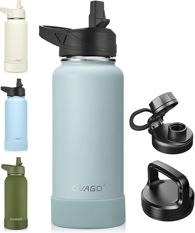 CIVAGO 32 oz Insulated Water Bottle With Straw, Stainless Steel Sports Water Cup Flask with 3 Lids (Straw, Spout and Handle Lid), Wide Mouth Travel Thermal Mug, Sage
