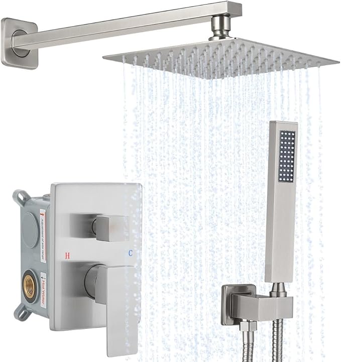 Brushed Nickel Shower System YCAIKOI Wall Mount Shower Faucet Set for Bathroom 10 Inch High Pressure Luxury Shower Head with Handheld, Rough-in Valve Body and Trim Included