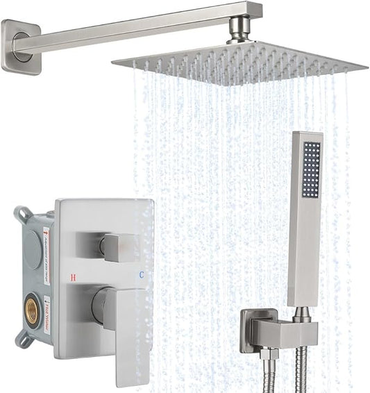 Brushed Nickel Shower System YCAIKOI Wall Mount Shower Faucet Set for Bathroom 10 Inch High Pressure Luxury Shower Head with Handheld, Rough-in Valve Body and Trim Included