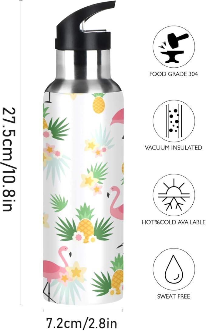 Qilmy Black and White Leopard Water Bottle Vacuum Insulated Stainless Steel Water Bottles with Straw Lid Leakproof Wide Mouth Water Flask for Fitness Outdoor Sports, 20 oz