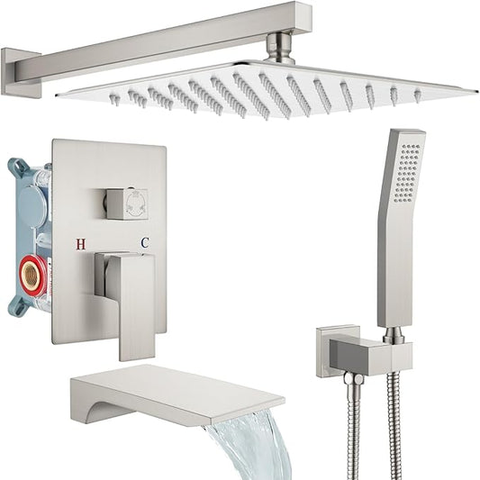 gotonovo Shower System with Tub Spout,Waterfall Tub Shower Faucet Set for Bathroom Head and Handle Set Wall Mounted 3 Function Rough-in Valve and Trim Included 12 inch Shower Head Brushed Nickel