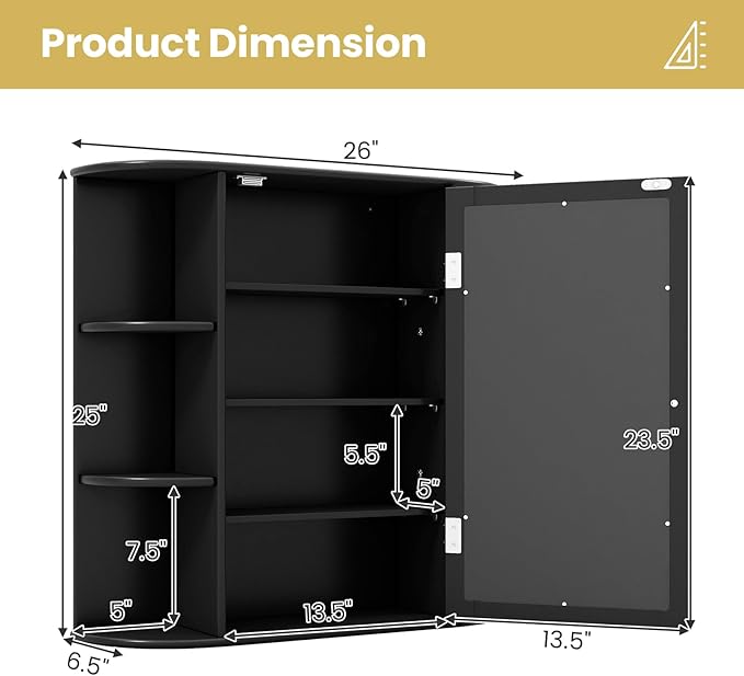 Tangkula Bathroom Medicine Cabinet with Mirror, Wall Mounted Home Storage with Door & 6 Open Shelves, Adjustable Shelves, Mirrored Bathroom Wall Cabinet (Black)
