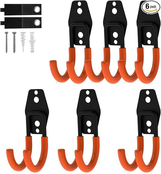 Garage Hooks, 6 Pack Small Round Wall Hooks for Hanging Heavy Duty Ladders, Bikes, Tools Ideal for Garage, Garden, Basement Utility Room Storage (Orange)
